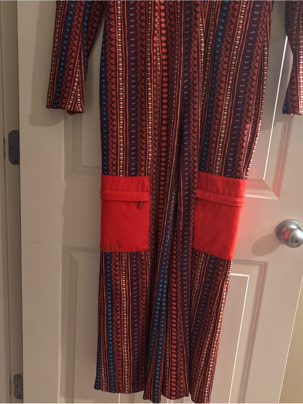 Sassy Jones Orange Geometric Striped High-Neck With wide Leg Jumpsuit - Picture 3 of 15